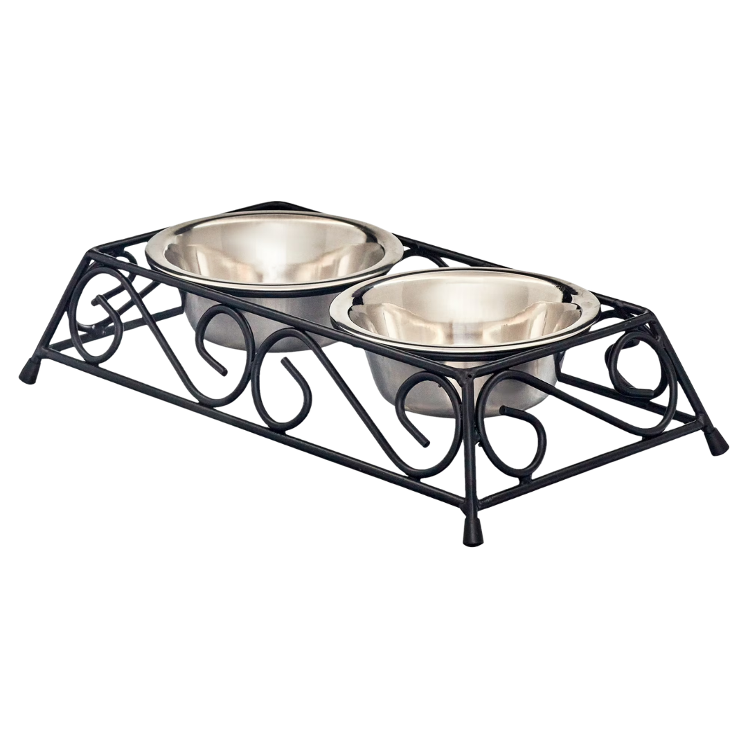 Petsha Stainless Steel Pet Food Bowl with Double Diner in Black and Silver
