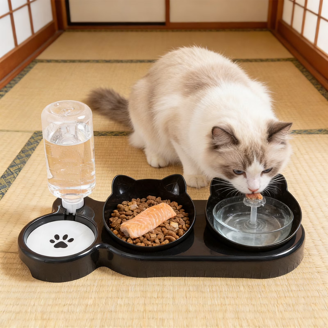 Petsha Plastic Raised Cat Dishes, Automatic Water Bottle 3 in 1 Pet Bowls 2 Food Bowls and Water Feeder Set Wet Dry Food Bowl Set for Cats Puppy